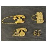 3 gold tone telephone brooches & pair of earrings