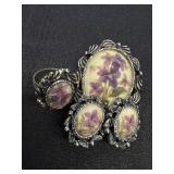 Vtg. Purple Floral Brooch, Ring, Earrings Set