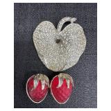 Strawberry Clip On Earrings & Rhinestone Leaf