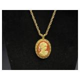 Gold Tone Orange/ Cream Cameo Necklace