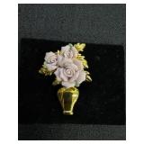Avon Gold Tone & Pink Rose Vase Brooch
