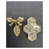 Gold Tone Bow/ Angel & Clear Rhinestone Brooch