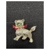 Vtg. Gold Tone Cat W/ Red Bow Brooch