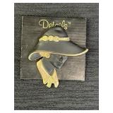 Gold tone black enamel lady in hat brooch pin,