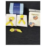 3 Avon Yellow Ribbon heart flag pins & 2 heart-