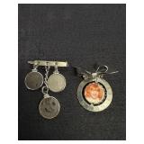 3 coin brooch pin & photo brooch pin