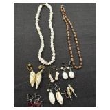 Shell Earrings & Necklace, wooden beaded necklace
