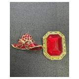 Red Hat Rhinestone & Red Rhinestone Brooch Pins