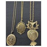 Gold Tone Owl, Locket & Mirrored Necklaces