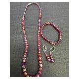 Red Iridescent Beaded Necklace, Bracelet, &