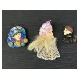 3 vintage-style lady head brooch pins, 2in-4.5in