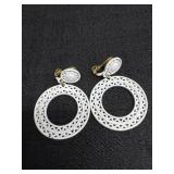 Monet White Enamel Dangle Clip Earrings