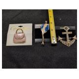 (3) Gold-Tone Fashion Pins, purse, lady & anchor