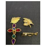 Gold Tone Leaf, Cross & Avon Brooches