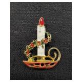 Vtg. Enamel Christmas Holly Candle Brooch Pin