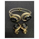 Etched Cameo Hinged Cuff Bracelet & Clip Earrings
