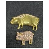 Gold Tone & Rhinestone Pig Brooch Pins