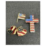 American Flag Cross Brooch, Pin, & Avon Earrings