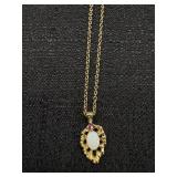 Gold Tone Opalescent & Ruby Gemstone Necklace