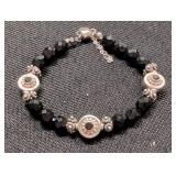 Black Glass Beaded Bracelet w/ Silver-Tone &
