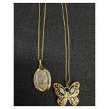 (2) Gold Tone Necklaces - Butterfly & Anniversary