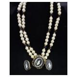 Faux Pearl 2 Strand Necklace w/ cameo earrings Set