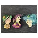 3 vintage-style lady head brooch pins, 2.5in