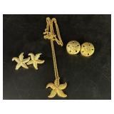 Gold colored starfish necklace w/clip earrings &