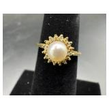 Marked 14K PSCO Pearl Ring w/ Diamond chip accents
