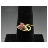 14K Gold Ring w/ Ruby like stones & diamond accent