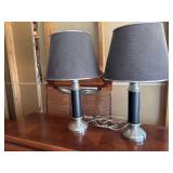 Pair silver & black leather table lamps