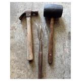 Rubber mallet , hammer & garden claw rake