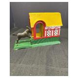 Cast iron mechanical bank, barn w/kicking donkey,