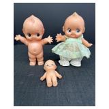 3 soft vinyl Kewpie-style dolls, 4in & 7.5in