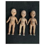 3 miniature jointed baby dolls, 5in., marking on