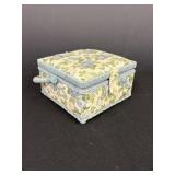 Padded floral fabric sewing box & contents. Wicker