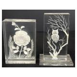 (2) Acrylic block paperweights w/ flower & owl