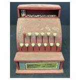 Vtg Happi Time metal cash register, 6 x 7 x 7in H