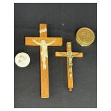 2 crucifixes w/wood cross, porcelain crucible