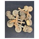 9 small caster wheels, variety of metal, plastic &