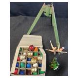 Variety of Christmas ornaments, light bulbs,