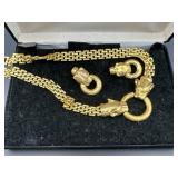Gold Tone Panther Head Necklace & Earring Set