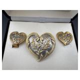 Heart Shaped Brooch Pin & Clip On Earrings