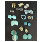 Variety of green, blue, teal clip-on earrings,
