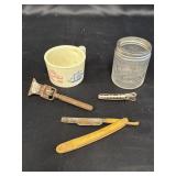 Vtg shaving accessories & metal hair curler -