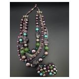 Multi Strand Green & Purple Bead Necklace &