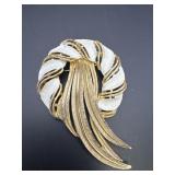 White & Gold Tone Ribbon Brooch Pin