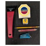 Variety of Advertising pieces, ice scraper,