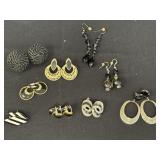 9pr black, silver, gold colored pierced earrings