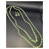 Pale green faceted bead necklaces & clip earrings,